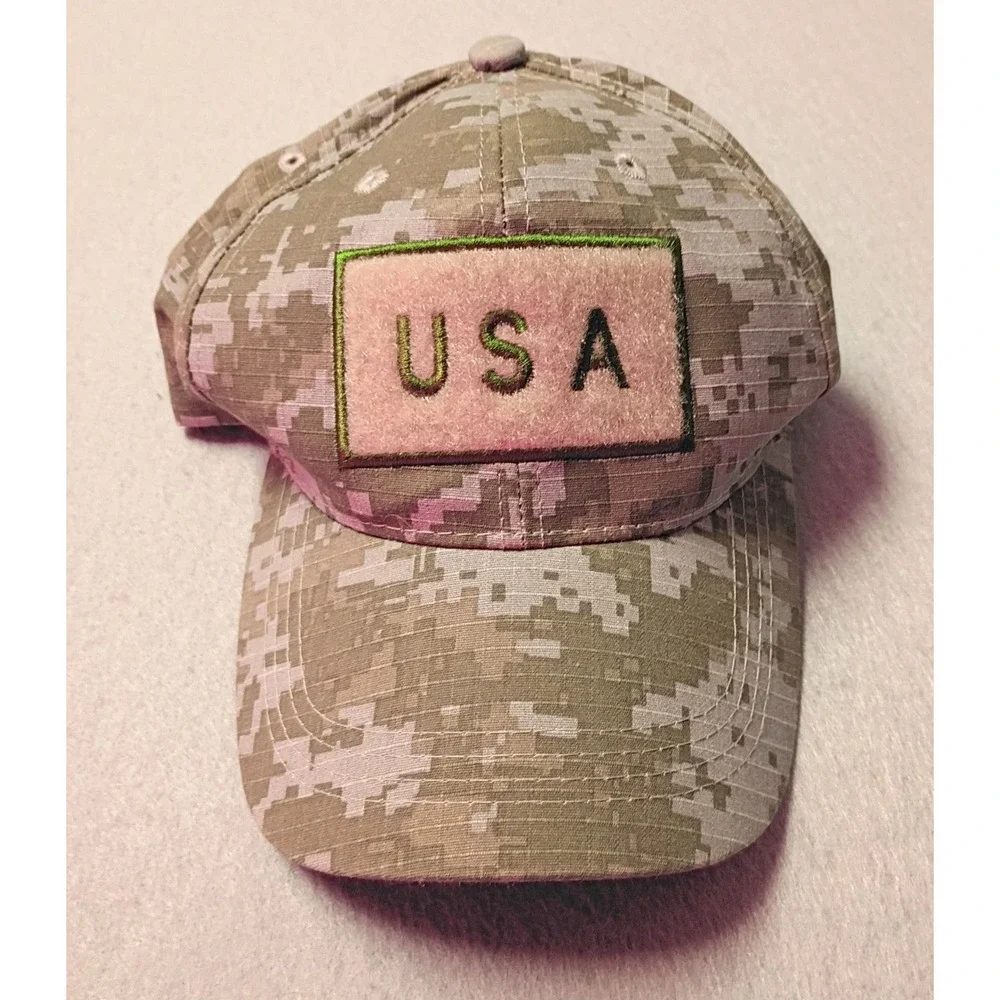 US Flag Cap‎ Hat Adult Adjustable Green Camo Multi Patch Design R Headwear NWT